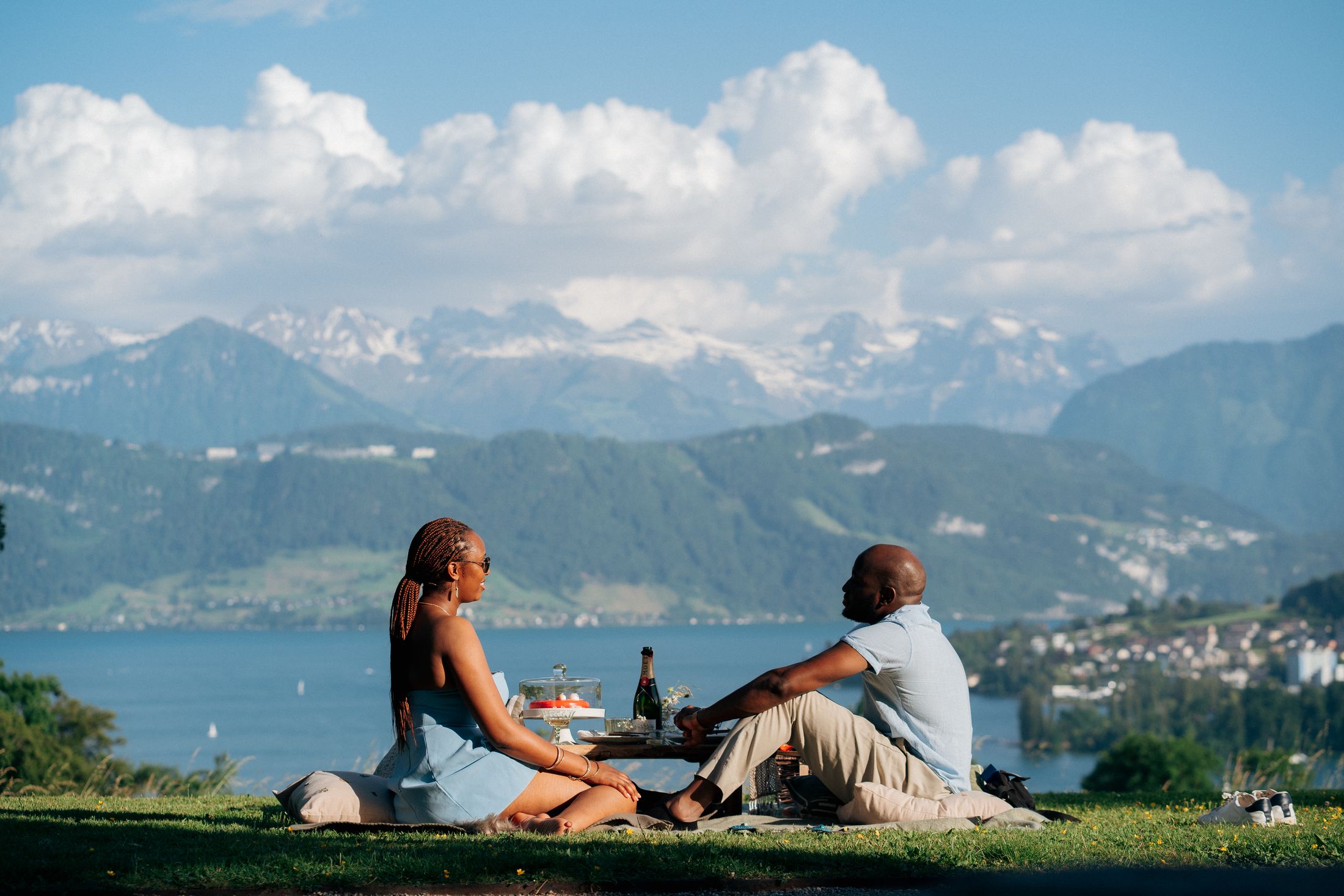 The picnic set up above Lake Lucerne