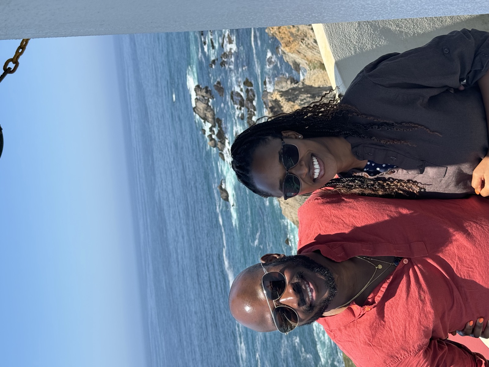 Sally and Adetunji above the ocean at Point Arena, July 2024